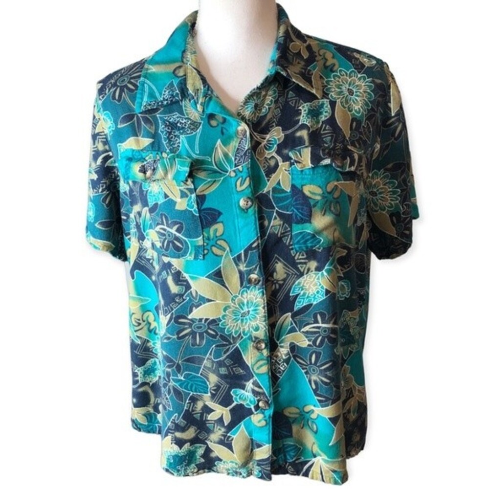 White Stag Vintage Floral Tropical Print Short Sleeve Button Front Shirt